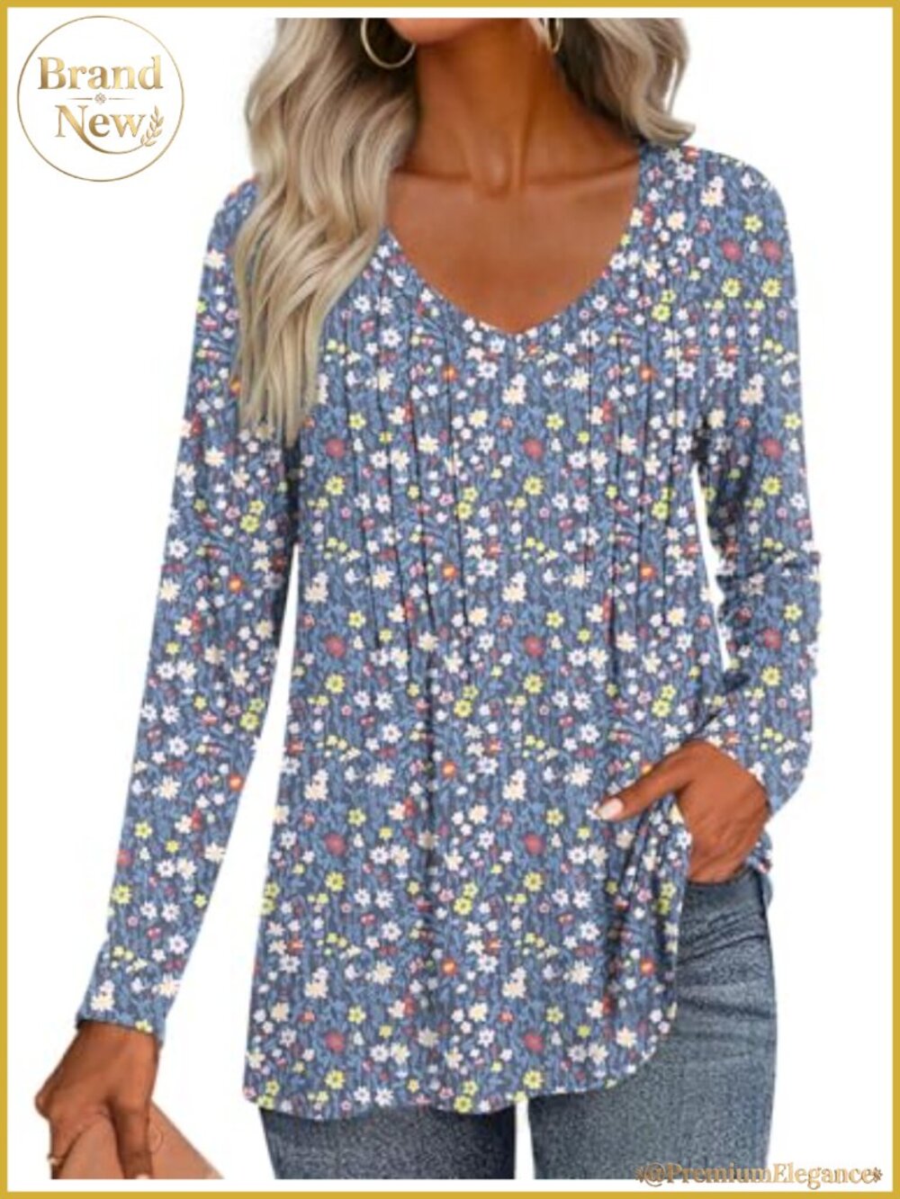 Women's Pleated V-Neck Tunic Long Sleeve Blouse Stretch Rayon Blend
